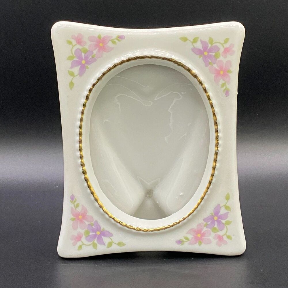 Vintage Interpur White Porcelain Floral Gold Trim Oval Picture Tabletop Frame